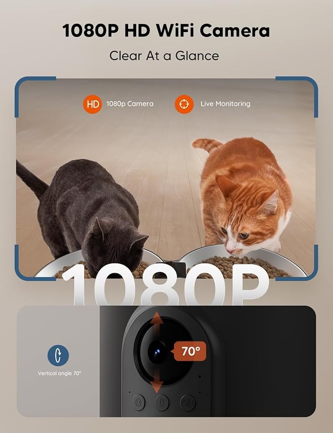 WOPET Automatic Cat Feeder with Camera for Two Cats, 6L Automatic Dog Feeder with HD Video and Night Vision, 5G/2.4G WiFi Pet Feeder for Cats & Dogs, SD Card Storage & 2-Way Audio