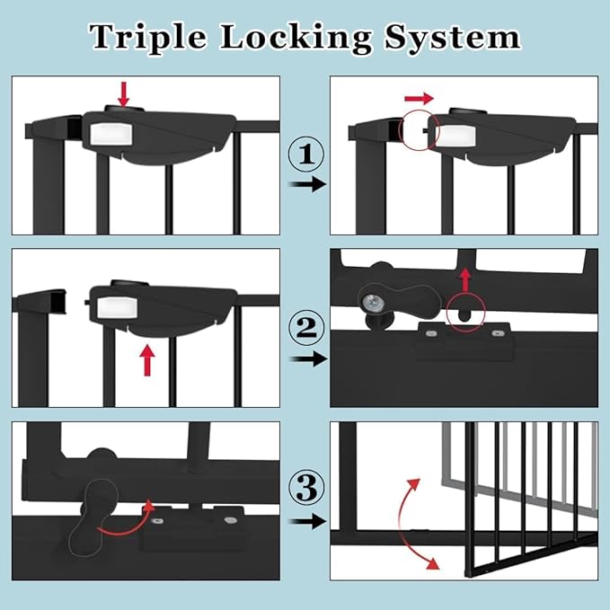 WAOWAO Triple Lock 49.21-66.54" Baby Gate Extra Wide Pressure Mounted Walk Through Swing Auto Close Safety Black Metal Dog Pet Puppy for Stairs,Doorways,Kitchen
