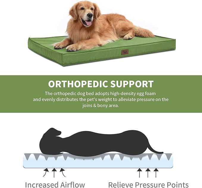 Outdoor Extra Large Dog Crate Bed, Big Waterproof Dog Bed for Large Dogs, Orthopedic Egg Foam Pet Bed Mat with Removable Cooling Cover, Light Green