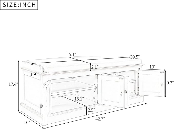 Storage Bench with 4 Doors and Adjustable Shelves, Shoe Bench with Removable Cushion for Living Room, Entryway 42.7" L x 16" W x 17.4" H (Gray Wash)