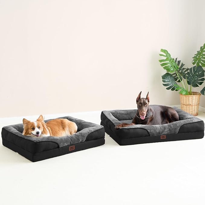 EHEYCIGA Memory Foam Dog Bed for Medium Size, Orthopedic Dog Sofa with Sides and Waterproof Liner, Washable Bolster Pet Couch with Removable Cover, 35x22x6.5 Inch, Grey/Black