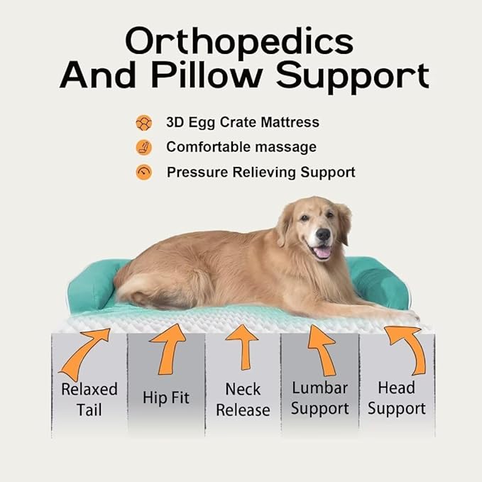 Orthopedic Washable Large Dog Bed, Dog Beds with Removable Cover, Large X XL Pet with Bolster, Washable Aqua Blue Dog Beds with Orthopedic Egg Foam for Medium Large Dogs