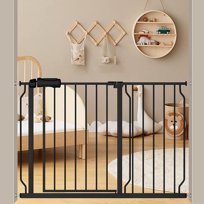 Extra Wide Baby Gate With 14.17in Extensions - Walk Through Pressure Mount Auto Close Child Safety Gate (Black, Extension-14.17"/36cm)
