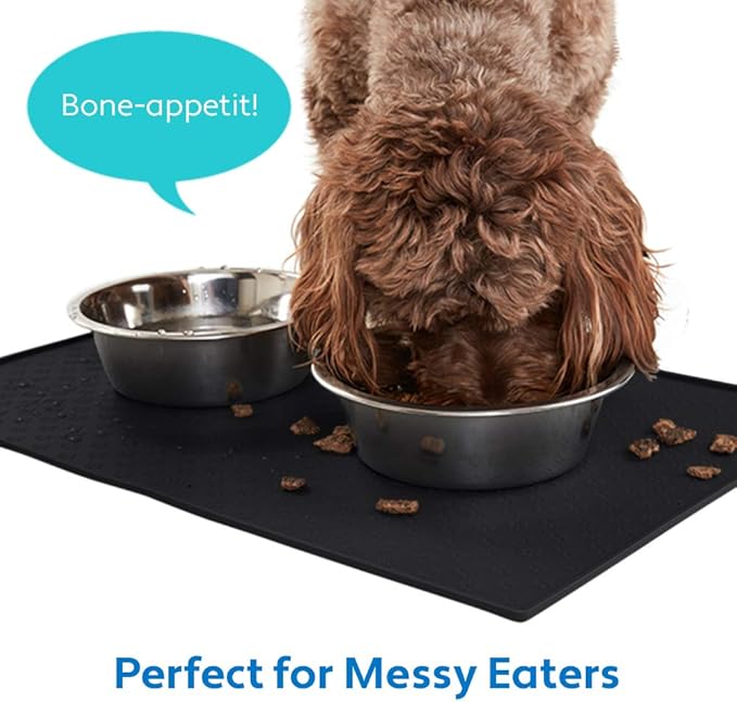 MIGHTY MONKEY 100% Waterproof Dog Food Mat, Raised Edges Silicone Pet Feeding Placemat for Cat, Dogs, Pet Bowls, High Lipped Tray Prevents Water Spills, Food on Floor, Dishwasher Safe, 24x16, Black