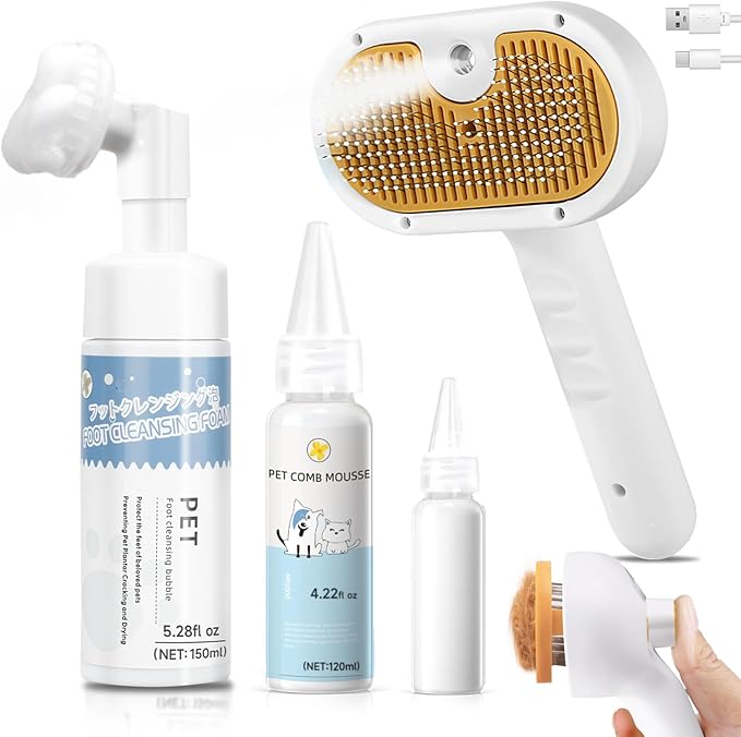 Pet Steam Brush for Dogs & Cats with Paw Cleaner & Shampoo – 3-in-1 Grooming Spray Comb, Mist Massage & Defur Function, Water Spritz Deshedding Tool for Long/Short Hair, Indoor Pets