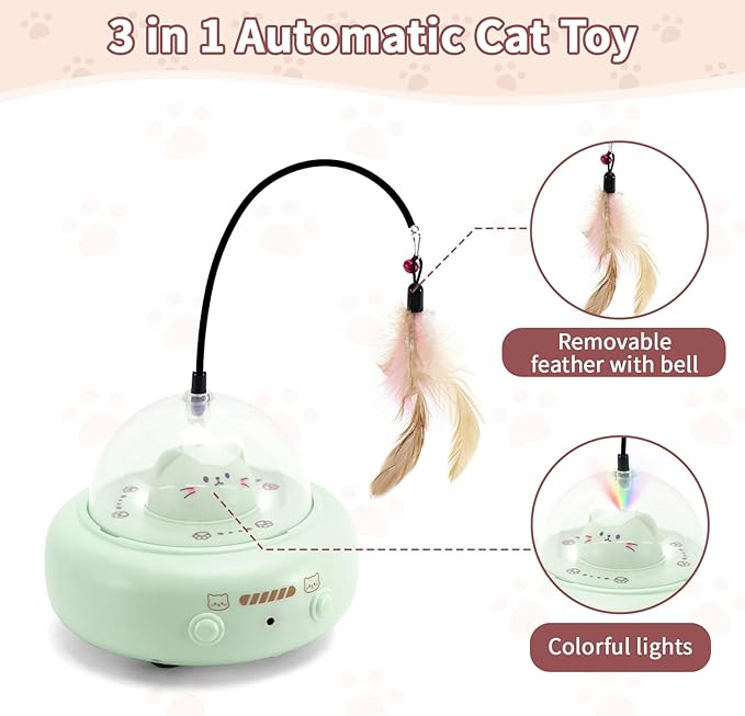 Automatic Cat Toys with Feathers, Interactive Cat Toy for Indoor Exercise, Rechargeable Teasing Toys for Indoor Cats, USB Powered, Smart Standby&Obstacle Avoidance(Green)