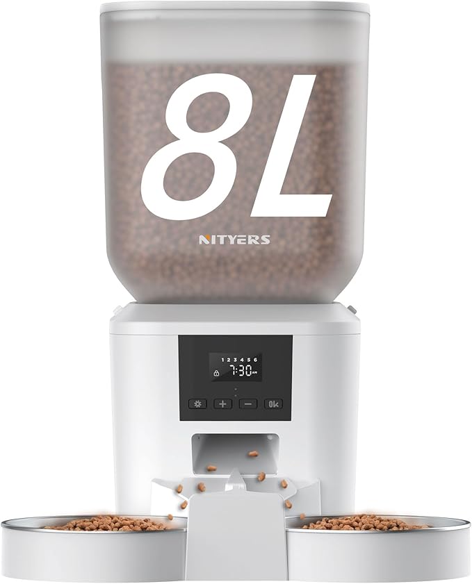 Automatic Cat Feeder for 2 Cats - 8L/34 Cups Large Capacity Auto Food Dispenser with LCD Screen, 2 Food Trays, Timed Cat Feeder, Up to 50 Portions 6 Meals Per Day, Keep Fresh, White