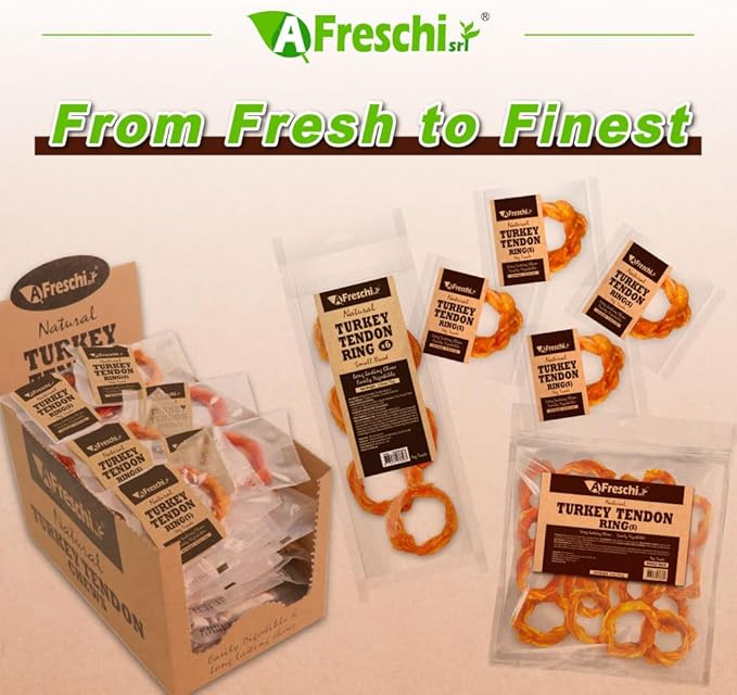 Afreschi Turkey Tendon for Dogs, Dog Treats for Signature Series, All Natural Human Grade Puppy Chew, Ingredient Sourced from USA, Hypoallergenic, Rawhide alternative, 4 Units/Pack Ring (Small)