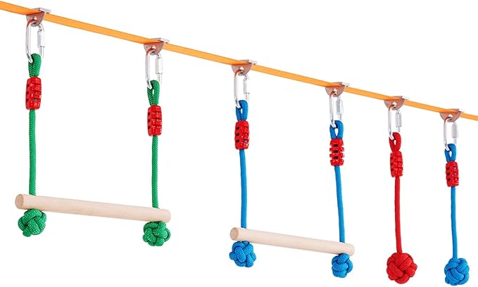 VEVOR Ninja Warrior Obstacle Course for Kids, 2 x 65 ft Weatherproof Slacklines, 500lbs Weight Capacity Monkey Line, Outdoor Playset Equipment, Backyard Toys Training Equipment Set with 12 Obstacles
