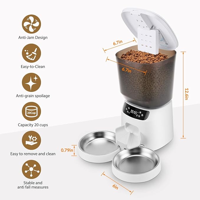 Automatic Cat Feeder and Water Fountain, 5L/20 Cups Timed Cat Dry Food Dispenser, 10s Meal Call, 20 Portions 6 Meals Per Day, 2L Cats Fountains for Drinking with Filter, Pet Feeder for Dog