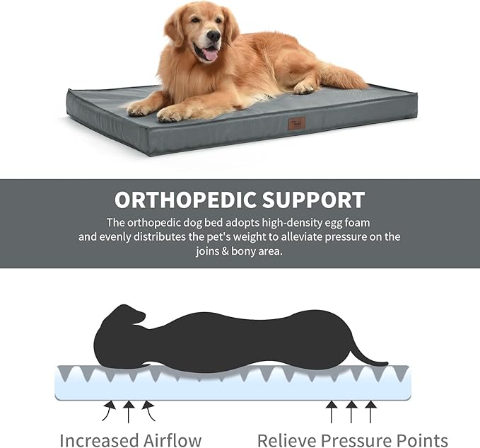 Outdoor Large Dog Bed, Waterproof Dog Bed for Large Dogs, Egg Crate Foam Pet Bed with Removable Washable Oxford Cooling Cover, Grey