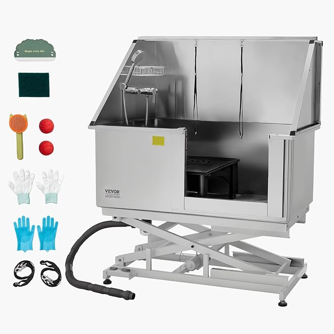VEVOR Electric Lift Dog Washing Station, 50 inch Professional Stainless Steel Pet Grooming Tub w/PE Water Filter Board, Faucet & Showerhead Dog Bathtub Washing Sink for Multiple Pets (Right Door)