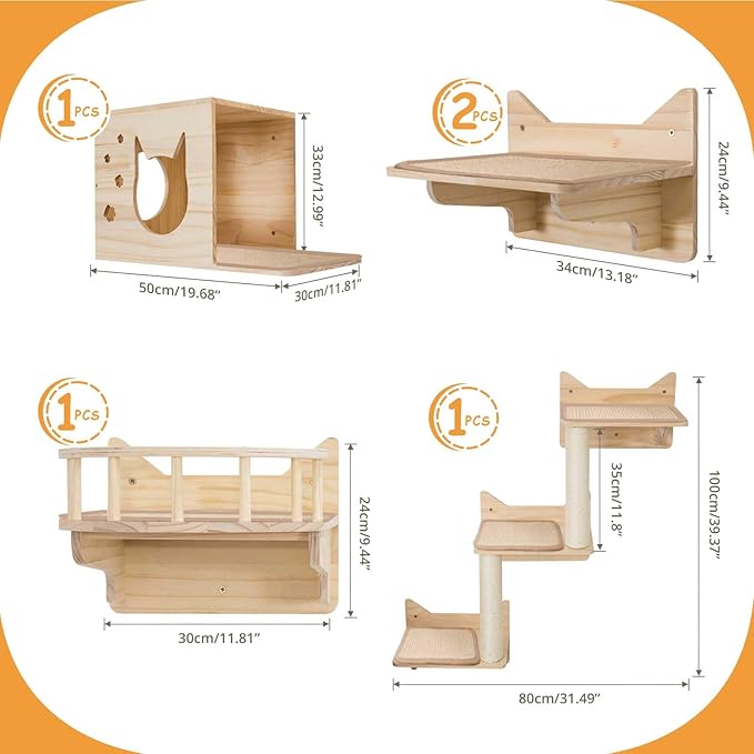 9-Piece Cat Wall Shelves and Perches for Wall, House, Lookout Tower, 2 Sisal Scratching Posts, 5-Step Wall Ladder, 7 Sisal Mat, Ideal Shelves for Wall - Sturdy Cat Wall Shelves for Large Cats