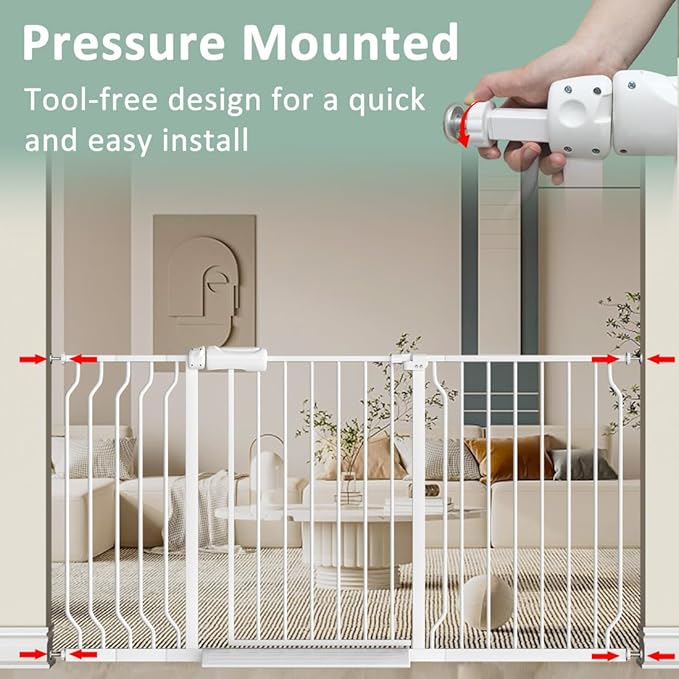 TSAYAWA Walk Through Baby Gate with Door, 62-67 Inch Wide Presure Mounted No Drill Metal Auto Close Child Gate for Stair Doorway - Indoor Outdoor Safty Gate for Toddler Dog Doggie, White