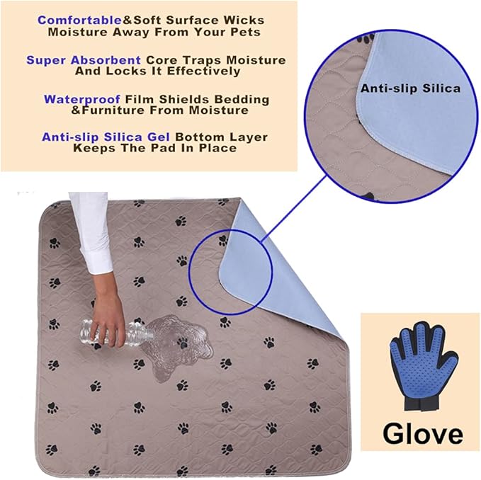 SincoPet Washable Dog Pee Pads with Puppy Grooming Gloves,Puppy Pads,Reusable Pet Training Pads,Large Dog Pee Pad,Waterproof Pet Pads for Dog Bed Mat,Super Absorbing Whelping Pads