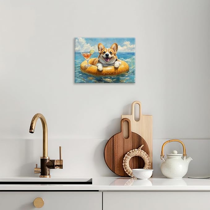 Ocean Funny Corgi Dog Pictures Wall Art, Bathroom Cute Dog Wall Decor Sea Coastal Framed Painting Beach Canvas Artwork for Bathroom Bedroom Living Room Decorations 16"L x 12"W