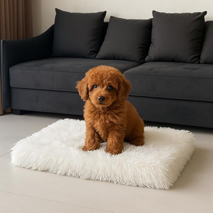 IHAPPYDOG Luxury Faux Fur Orthopedic Dog Beds, Memory Foam Crate Bed for Small, Medium, Large and XL Pets, Fluffy Pet Bed with Waterproof and Washable Cover, Fits Crates (White, 35" x 23")