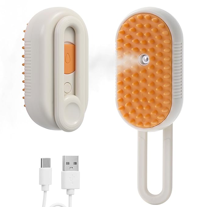 4 in 1 Cat Steam Brush, Rechargeable Steam Brush for Cats and Dogs, Anti-Static Cat Spray Brushes, Massage, Cleaning, Shedding & Combing All In One! Beige