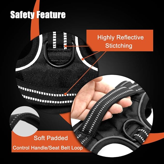 PHOEPET No Pull Dog Harnesses for Small Puppies Reflective Adjustable Front Clip Vest with 2 Metal Leash Attachment Hooks Soft Handle (S, Black)