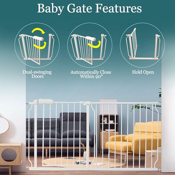 ALLAIBB Extra Wide Pressure Mounted Baby Gate Walk Through Child Kids Safety Toddler Tension White Long Large Pet Dog Gates with Extension for doorways Kitchen and Living Room (71.65-76.38"/182-194cm)