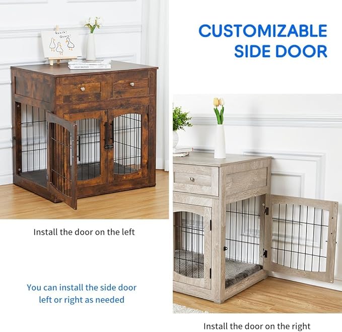 Dog Crate Furniture for Large Dogs, Wooden Dog Kennel Indoor with Double Doors, Dog Cage with Cushion & Drawers, Dog House Side End Table for Large Medium Dogs up to 70 lb, 39.4” L, Grey
