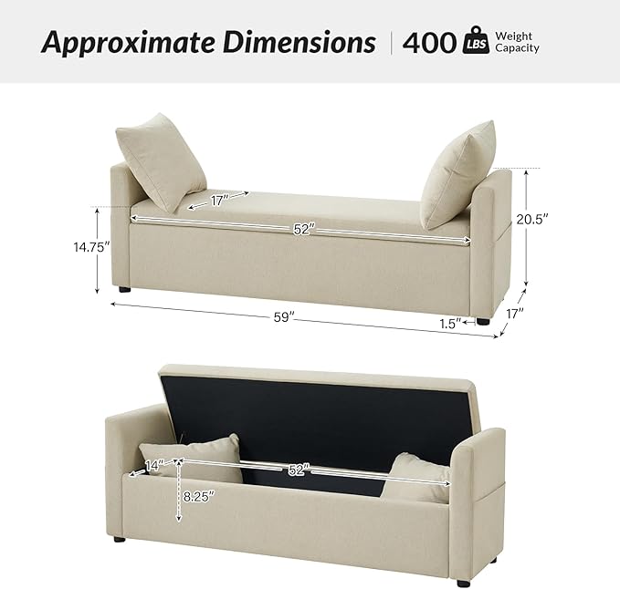 HULALA HOME Modern Storage Ottoman Bench with Throw Pillows, 59" Extra Long End of Bed Bench with Storage Pocket, Comfy Upholstered Footstool for Bedroom Entryway Living Room, Ivory