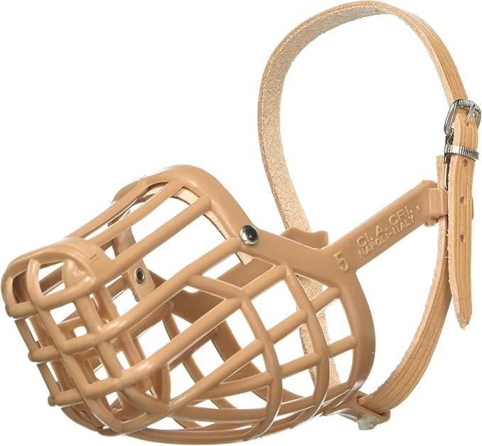 Leather Brothers Italian Basket Dog Muzzle, Adjustable Secure Fit, Comfortable Design, Training and Safety, Averts Biting, Prevents Chewing and Scavenging, Perfect for Grooming - Tan, Size 7