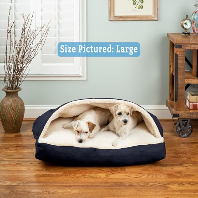 Snoozer Rectangle Cozy Cave Dog Bed - Indoor Dog Bed with Cover Cave, Covered Calming Burrow for Medium & Large Sized Pets with Blanket Attached, Enclosed, Washable - Large, Navy