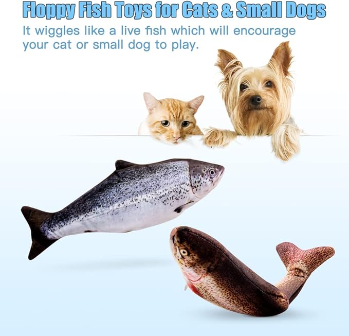 TOOGE 2 Pack 9" Floppy Fish Cat Toys with SilverVine and Catnip for Indoor Cats Interactive Flopping Fish Cat Kicker Catnip Toys for Cats Puppy Small Dogs (Salmon + Rainbow Trout)