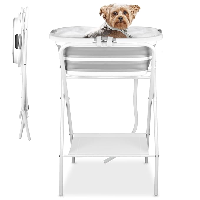 YUEPET Elevated Collapsible Dog Bathtub, Portable Shower Tub with Safety Collar, Foldable Dog Washing Station for Bathing and Grooming for Puppies Medium Dogs Cats Pets
