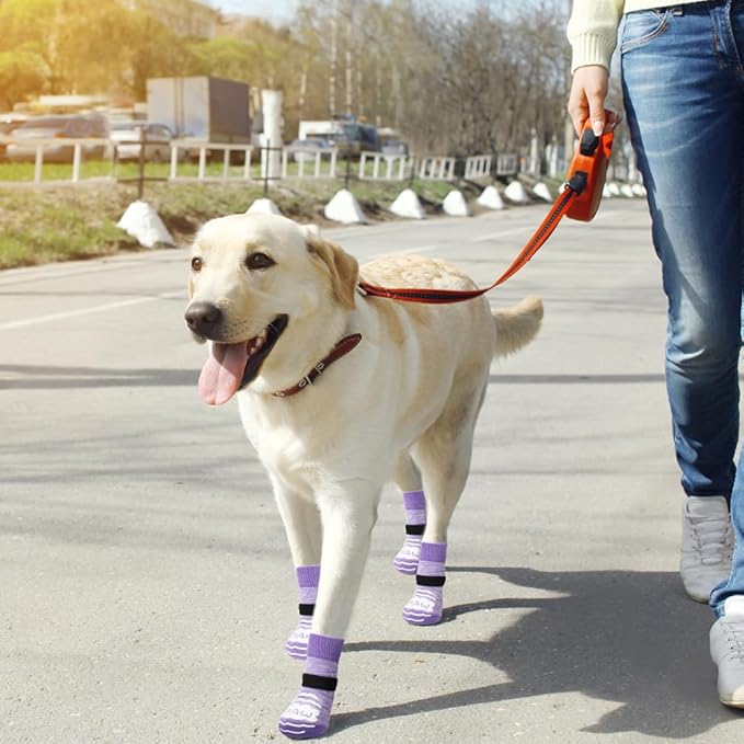 BEAUTYZOO Anti Slip Dog Socks for Small Medium Large Dogs with Grips Straps on Hardwood Floor Protection Wear, Traction Control 4 Pairs Double Side Paw Protector to Prevent Licking for Girl or Boy