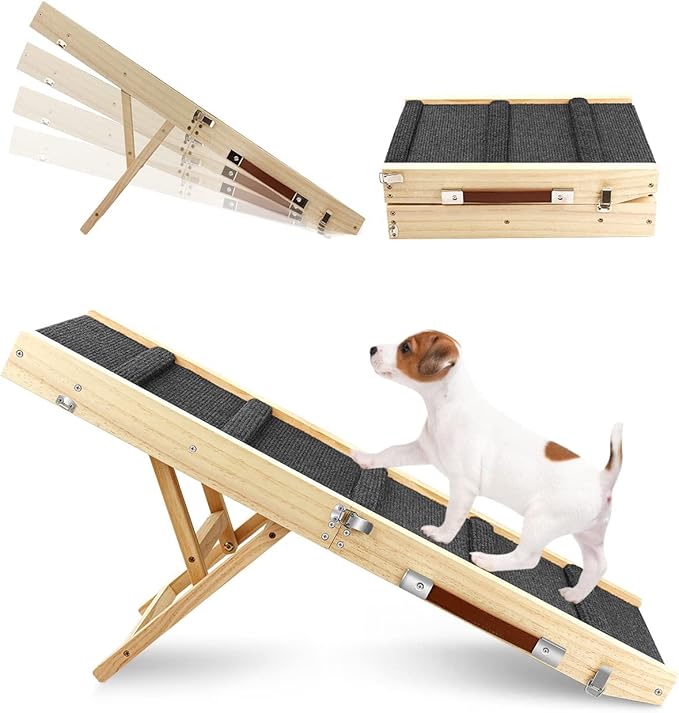 Adjustable Dog Ramp, Wooden Folding Portable Pet Ramp,Rated for 30 LBS, 32.6" Long and Adjustable from 10" to 19" with Non-Slip Traction Mat, Dog Step for Bed, Couch,Car (Grey)