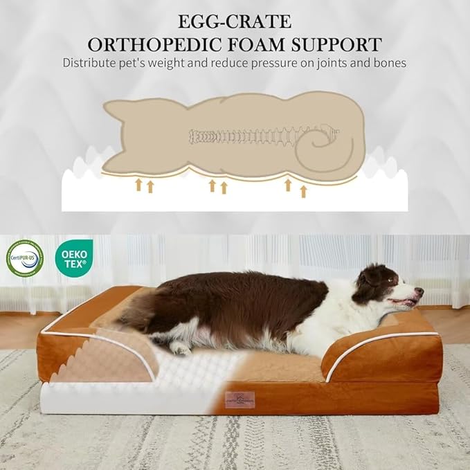 Comfort Expression Waterproof Dog Bed, XXL Dog Bed Orthopedic Foam, Waterproof Pet Sofa Couch with Washable Removable Cover & Non-Slip Bottom(XX-Large,Caramel)