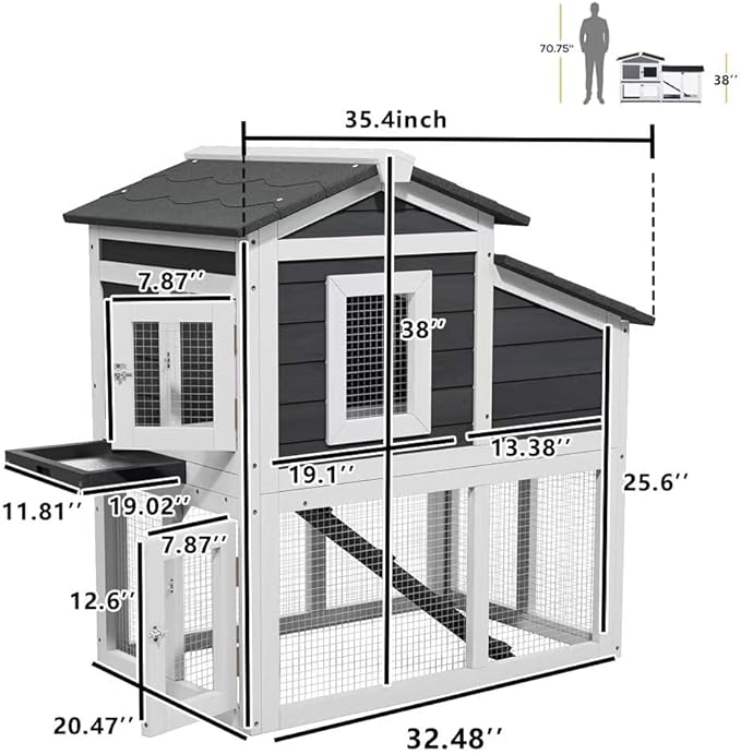 Bunny Cage Premium Rabbit Hutch with Leak-Proof Roof, 2-Story Bunny House for Guinea Pigs & Hamster,Wooden Chicken House with Deep Pull-Out Tray, Waterproof Chicken Coop for Outside (Grey)