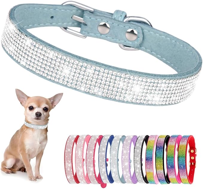 Rhinestone Dog Collar for Small Dogs, Bling Diamond Fancy Crystal Glitter Pretty Jewel Pet Puppy Collars for XXS XS Small Medium Large Breed Girl Dogs Female Cats Kitten, Teal XXL