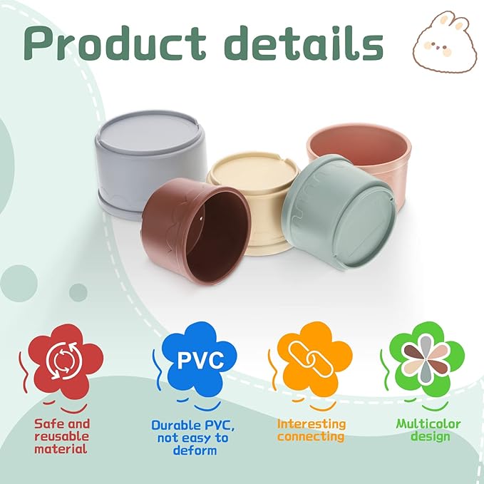 MEWTOGO 8 Pcs Stacking Cups for Bunny - Multi-Colored Reusable Rabbits Bunny Toys of Different Sizes, Safe Plastic Nesting Toys for Guinea Pig Hamster Gifts Hiding Food and Playing