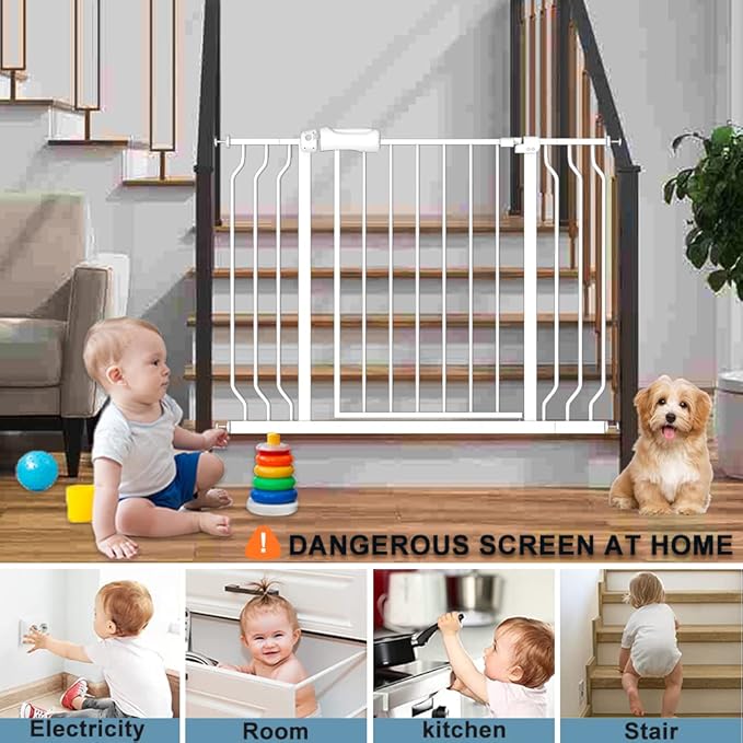 Extra Wide Baby Gates 71.5-76.3 Inch White Pressure Mounted Baby Gate Indoor Safety Gates Pressure Mounted Child Gate for Stairs Doorways Hallways