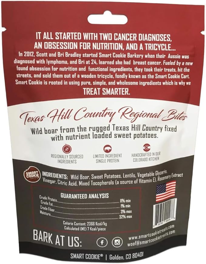 Smart Cookie All Natural Dog Treats - Wild Boar & Sweet Potato - Training Treats for Dogs with Allergies, Sensitive Stomachs - Soft Dog Treats, Chewy, Grain Free, Human-Grade, Made in USA - 5oz Bag
