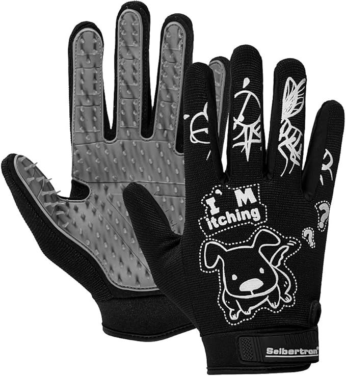 Seibertron Patented P.G.M.G-1 Pet Hair Remover/Deshedding Grooming Gloves Seven Sizes Fit All Works for Dogs, Horses, Cats and Other Animals Short Fur(1-Pair) Adult Black XL