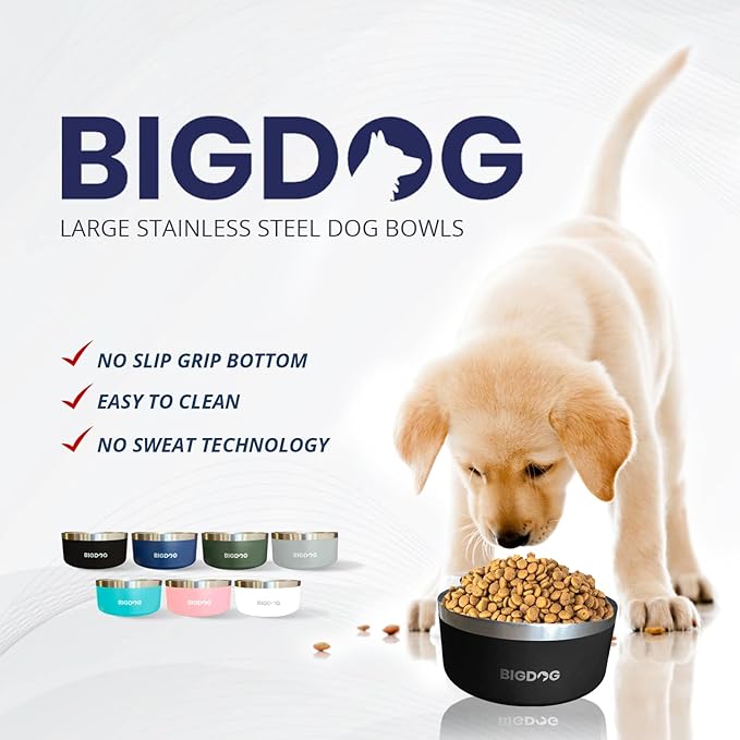 BIGDOG Large Dog Bowls, Stainless Steel, No Spill, 100 Ounce, Blue