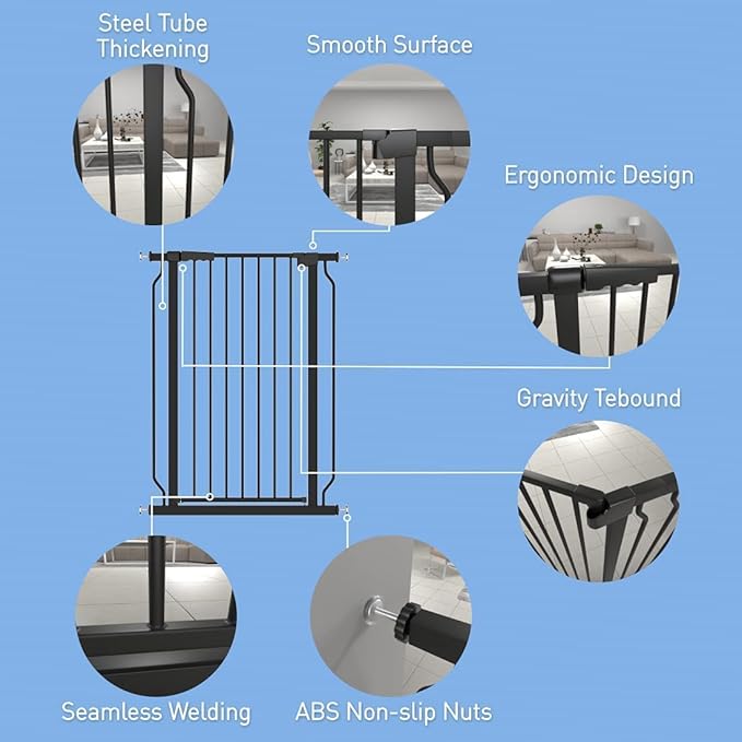 WAOWAO Extra Tall 40.55" Baby Gate 57.48-74.4" Wide Pressure Mounted Walk Through Swing Auto Close Safety Black Metal Toddler Child Dog Pet for Indoor Stairs,Doorways