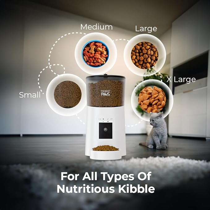 Smart HD Cat Feeder, 2 Way Audio + Voice Recording, Automatic Feeder for Dog with 1080p Night Vision Camera, WiFi App Controlled, Battery Backup, Anti Jam 6L Upto 15 Daily Meals, White