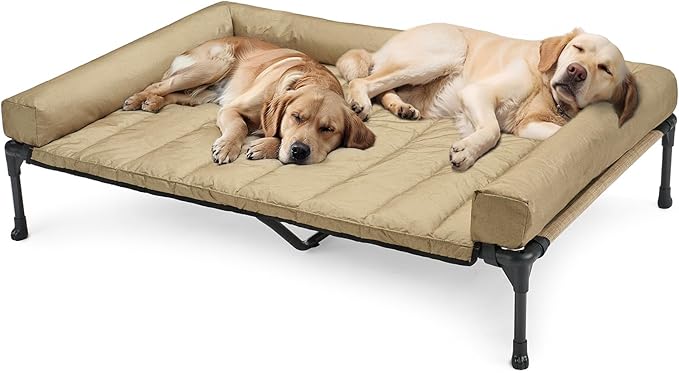 Veehoo Cooling Elevated Dog Bed Add Removable Waterproof Bolster Cushion Mat, Raised Pet Cot with Breathable Teslin Mesh, No-Slip Feet, Dog Couch Bed for Indoor Outdoor, 59x37.5inches, Beige, CWC2331B