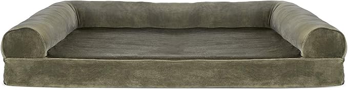 Furhaven Cooling Gel Dog Bed for Large Dogs w/ Removable Bolsters & Washable Cover, For Dogs Up to 95 lbs - Faux Fur & Velvet Sofa - Dark Sage, Jumbo/XL