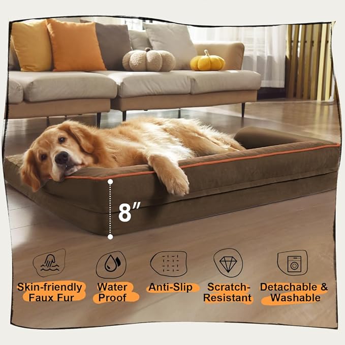 Large Dog Bed Orthopedic Washable - Waterproof with Removable Cover - Memory Foam - XXL Large Big Dogs - Beds Bolster Pet - Couch Sofa - Brown Dog Bed