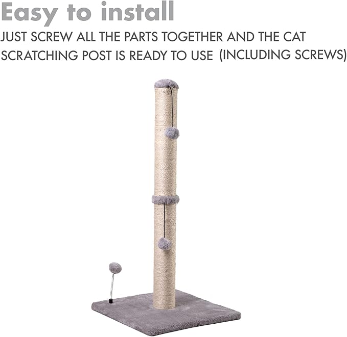 MECOOL 34“ Tall Cat Scratching Post Premium Basics Kitten Scratcher Sisal Scratch Posts Trees with Hanging Ball for Indoor Cats, Gray