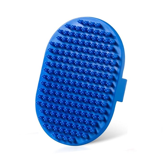 Lilpep Dog Bath Brush, Rubber Pet Shampoo Brush with Silicone Bristles for Massaging Grooming, Removing Short Haired Dogs Cats Shedding, Tangles and Dead Undercoat (Blue, plum brush)