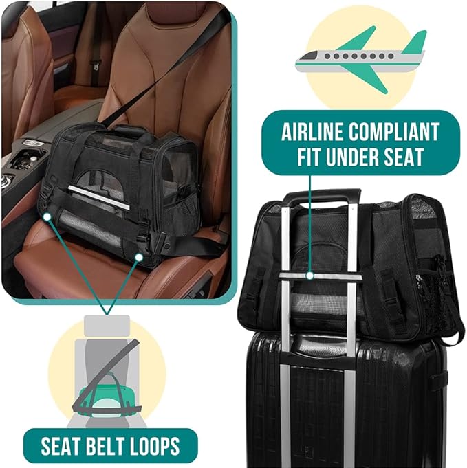 PetAmi Airline Approved Pet Carrier for Cat, Soft Sided Dog Carrier for Small Dogs, Cat Travel Supplies Accessories for Indoor Cats, Ventilated Pet Carrying Bag Medium Large Kitten Puppy, Small Black