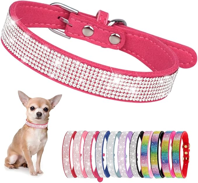 Rhinestone Dog Collar for Small Dogs, Bling Diamond Fancy Crystal Glitter Pretty Jewel Pet Puppy Collars for XXS XS Small Medium Large Breed Girl Dogs Female Cats Kitten, Hot Pink XXSmall