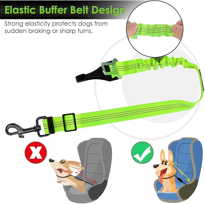 SlowTon Dog Seat Belt, Adjustable Dog Safety Belt Leash, 2 in 1 Latch Bar Attachment Dog Car Seatbelt with Elastic Nylon Bungee Buffer, Reflective Nylon Belt Tether (Lime)